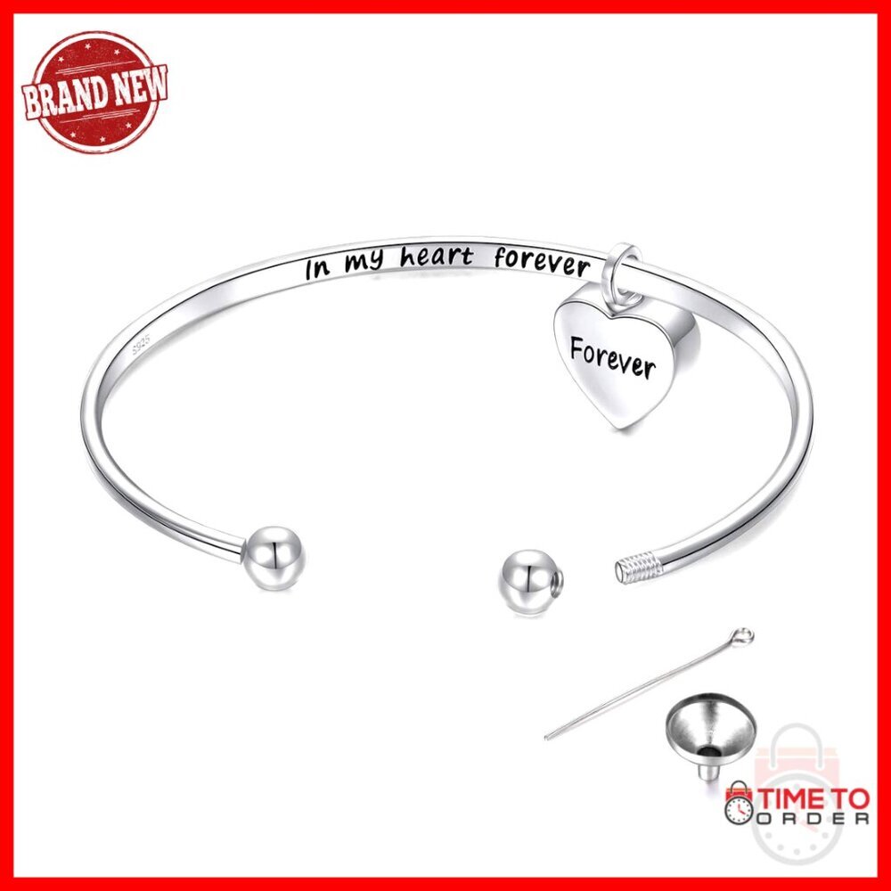 Sterling Silver Memorial Urn Bangle Bracelet Heart Pendant Engraved Keepsake